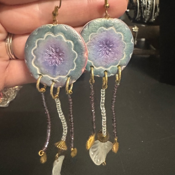 Handcrafted Purple and Gold Dangle Earrings - Picture 1 of 1